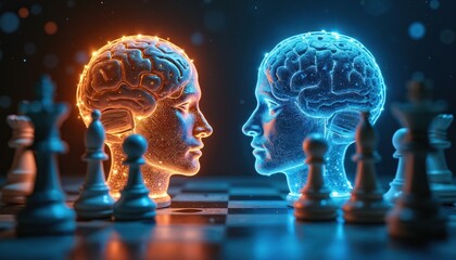 Digital brains face off on chessboard. Glowing human mind versus AI bot in strategic game. Futuristic rivalry for intelligence supremacy. Opposing forces compete intellect.
