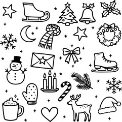 Hand Drawn Christmas Doodle Set. Cute Holiday Line Art Icons