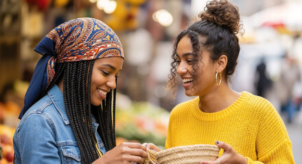 Two smiling young women at an outdoor market share a joyful moment, one wearing a bandana and the other holding a wicker basket