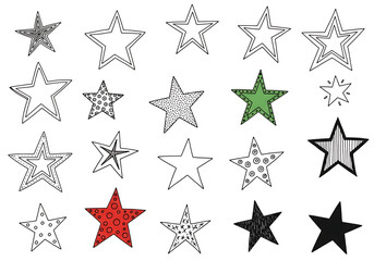 Collection of abstract stars with one green and one red star isolated on transparent background