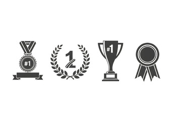 Collection of award icons including medal trophy and laurel wreath isolated on transparent background