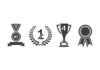 Collection of award icons including medal trophy and laurel wreath isolated on transparent background