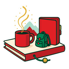 Obraz premium Cozy Travel Journal with Coffee Mug, Backpack, Mountain Backdrop for t-shirt design