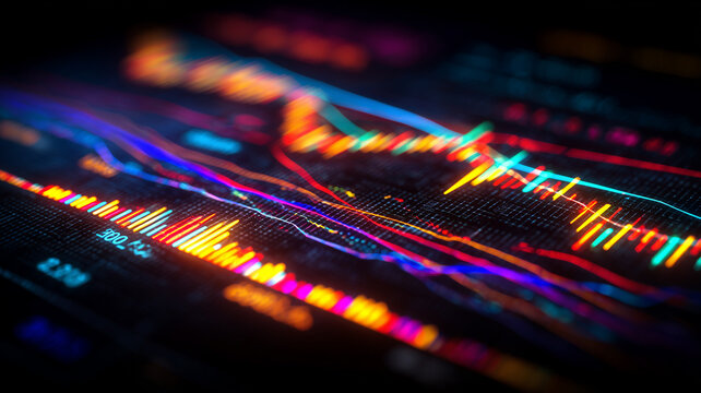 A complex financial analytics dashboard with overlapping indicators and price movements, representing market research, strategic planning, and continuous performance tracking.
