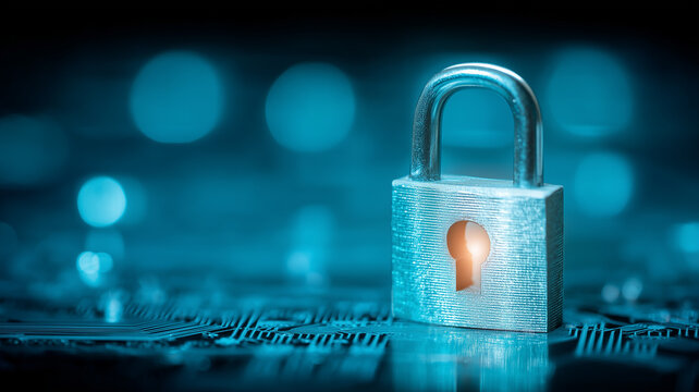 Data security symbolized by a metal padlock resting on electronic circuitry, conveying protection of information, privacy compliance and network trust.
