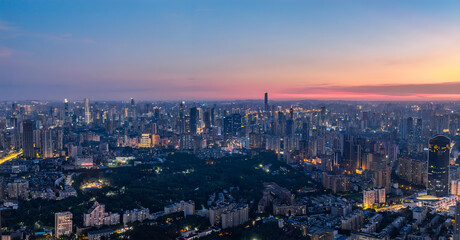 Wuhan Skyline at Sunset - Aerial View with Illuminated Urban Cityscape