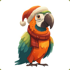 Fototapeta premium Vector illustration of a parrot wearing a warm hat and scarf, cute winter bird, isolated on a white background
