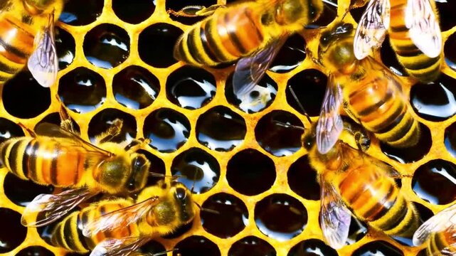 Close-up of Bees on the honey comb producing honey. Organic healthy food concept, bee footage
