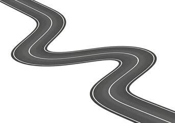 Curving asphalt road with white lines isolated on transparent background