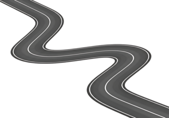 Curving asphalt road with white lines isolated on transparent background