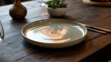 Empty ceramic plate with subtle iridescent glaze resting on a rustic wooden table with cutlery and a small plant