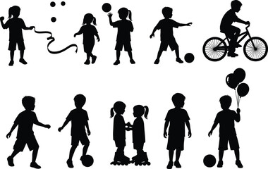Children playing silhouette set, kids with balloons, bicycle, ball and rope, outdoor activity vector illustration for education and design