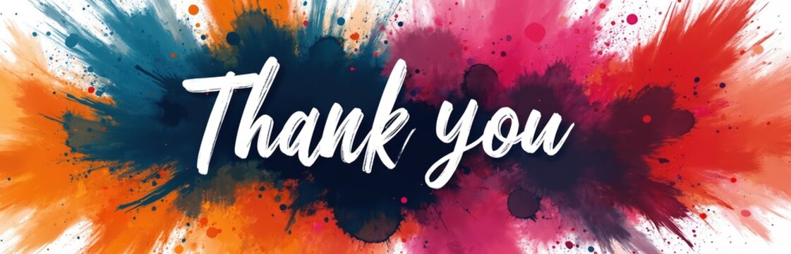 Graphic illustration features thank you message on abstract colorful background. Stylish brush lettering highlights gratitude appreciation. Suitable for cards posters banners gifts and website use.