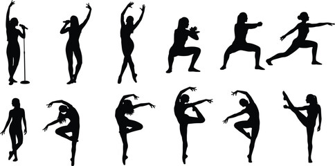 Fototapeta premium Female dancer and singer silhouettes in elegant poses performing on stage, modern dance and music vector illustration for design
