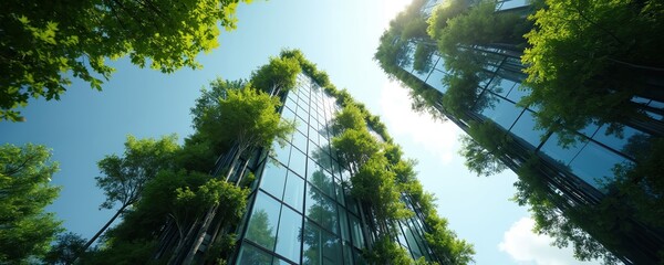 Modern glass buildings covered with green trees and plants. Architecture harmonizes with nature under clear blue sky. Reflective windows mirror surrounding foliage and bright sunlight.