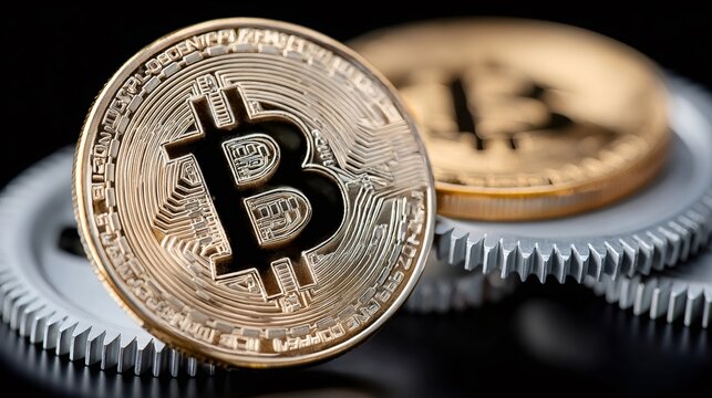 Bitcoin cryptocurrency coin standing on gear mechanism
