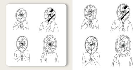 A person holding a shattered mirror reflecting distorted reality symbolizing fractured identity on