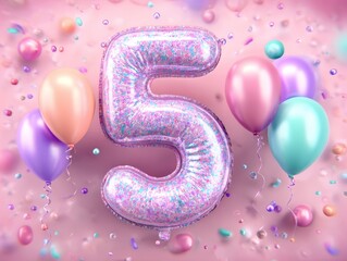 Pink and purple birthday balloon number 5. Festive party decor perfect for kids' celebrations and joyful themes.