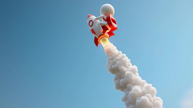 3D White Figure Character Man with a Jetpack Riding a Rocket into the Sky