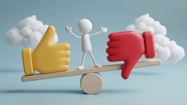 3D White Figure Character Man Waving while Balancing Between Thumbs Up and Thumbs Down