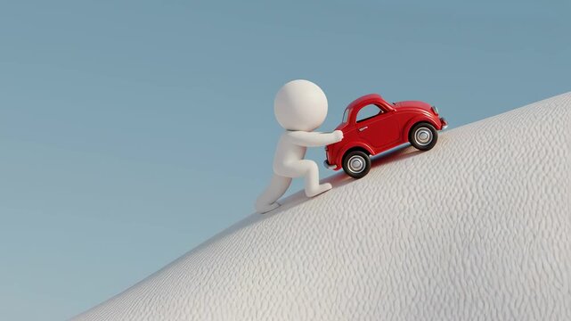 3D White Figure Character Man Pushing a Small Red Car Uphill Above the Clouds