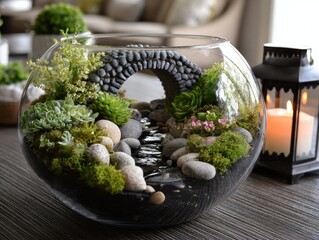 Glass bowl terrarium featuring lush plants, moss and smooth rocks. Serene natural decor piece with pebbles and greenery for indoor plant enthusiasts.