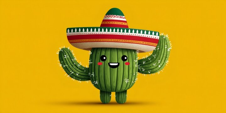 Cute cactus character wearing sombrero smiling on yellow background