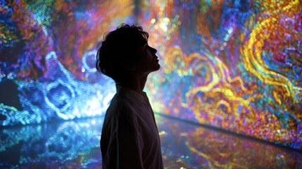 Fototapeta premium A man stands in front of a colorful painting, looking at it with a sense of wonder. The painting is full of bright colors and abstract shapes, creating a sense of movement and energy