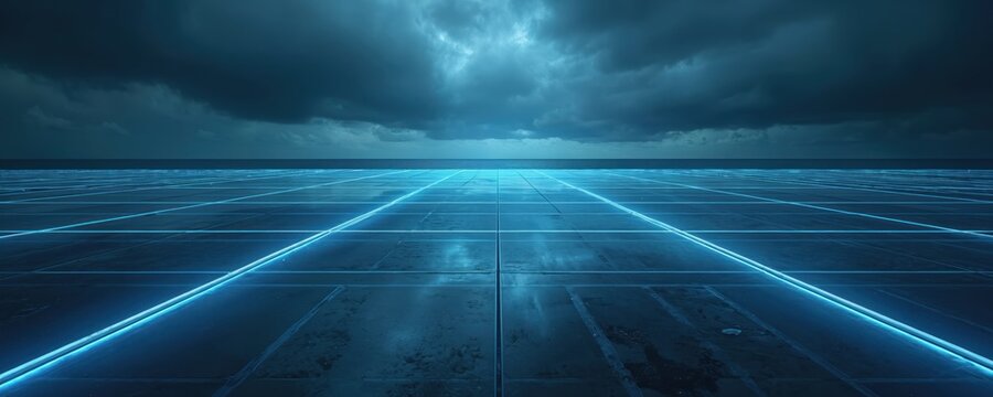 Futuristic blue neon grid pathway extends to dark stormy horizon over ocean. Digital cyberspace platform with glowing lines creates abstract sci fi landscape. Modern virtual world.