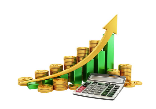Financial growth concept with rising bar chart gold coins calculator and upward arrow isolated on transparent background