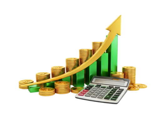 Financial growth concept with rising bar chart gold coins calculator and upward arrow isolated on transparent background