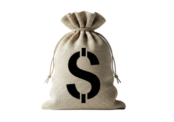 A burlap money bag with a large black dollar sign printed on its front isolated on transparent background