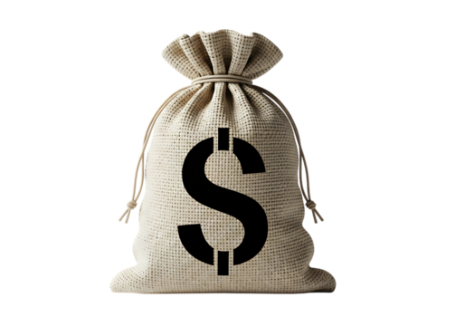 A burlap money bag with a large black dollar sign printed on its front isolated on transparent background