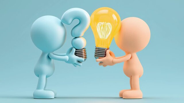 Two 3D Characters Exchanging a Question Mark for a Glowing Lightbulb Idea