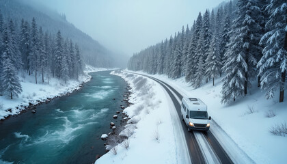 White van drives along snowy mountain road near river. Forest trees covered in snow. Vehicle explores cold winter nature. Road trip in countryside by campervan on holiday vacation.