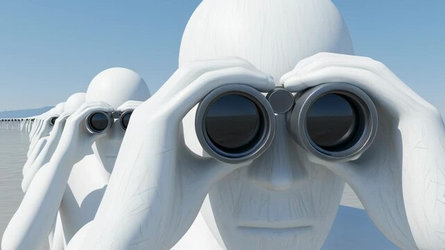 A Row of 3D White Figures Looking Through Binoculars Together