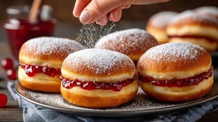 Hand sprinkling powdered sugar on jam doughnuts