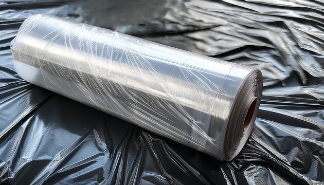 A Roll Of Clear Plastic Sheeting Rests On Crumpled Plastic Film Showing Texture And Material