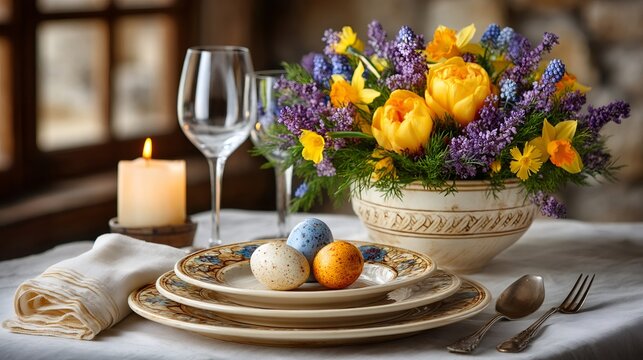 Easter table setting with vibrant spring flowers and festive eggs