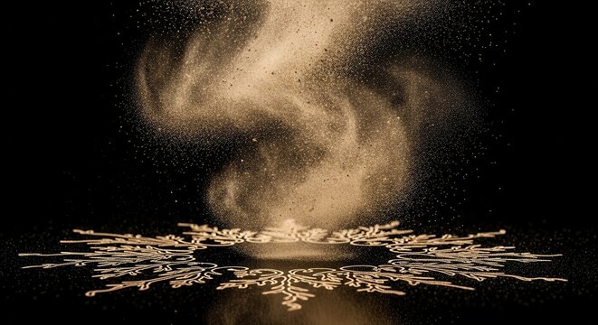 Abstract Dust Cloud Ascending Above Intricate Golden Ornamental Design on Black Background