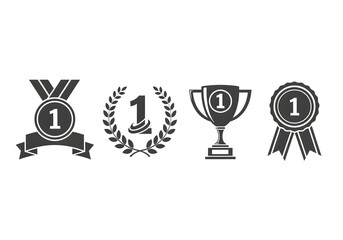 Collection of first place trophies ribbons and medals isolated on transparent background