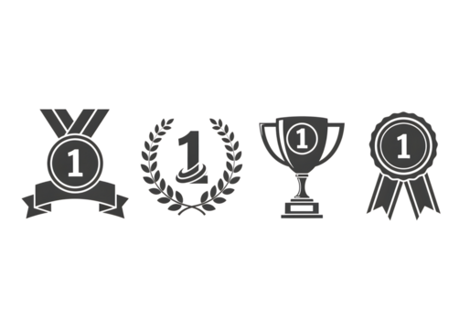 Collection of first place trophies ribbons and medals isolated on transparent background