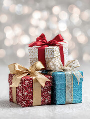 Three Christmas gifts on a white background. Portrait format.