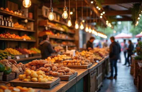 Lively food market features many stalls with fresh fruits, veggies, baked treats. Customers shop for gourmet items under warm string lights. People enjoy vibrant atmosphere, buying delicious artisan
