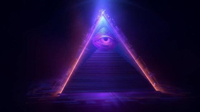 Futuristic neon glowing pyramid with all-seeing eye symbol on dark background. Mystical, spiritual, abstract concept with vibrant light.