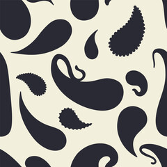 Hand drawn black and cream Paisley silhouette seamless pattern on bright background