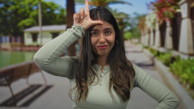 Young hispanic woman makes loser sign on forehead in a sunlit green outdoor park setting; mockery.