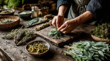 Hands tying fresh herbs for drying on a rustic wooden table