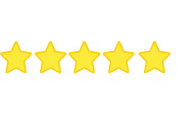 Five yellow stars presenting a perfect rating and quality review feedback with transparent background