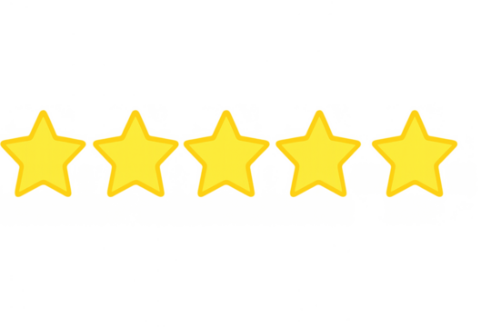 Five yellow stars presenting a perfect rating and quality review feedback with transparent background